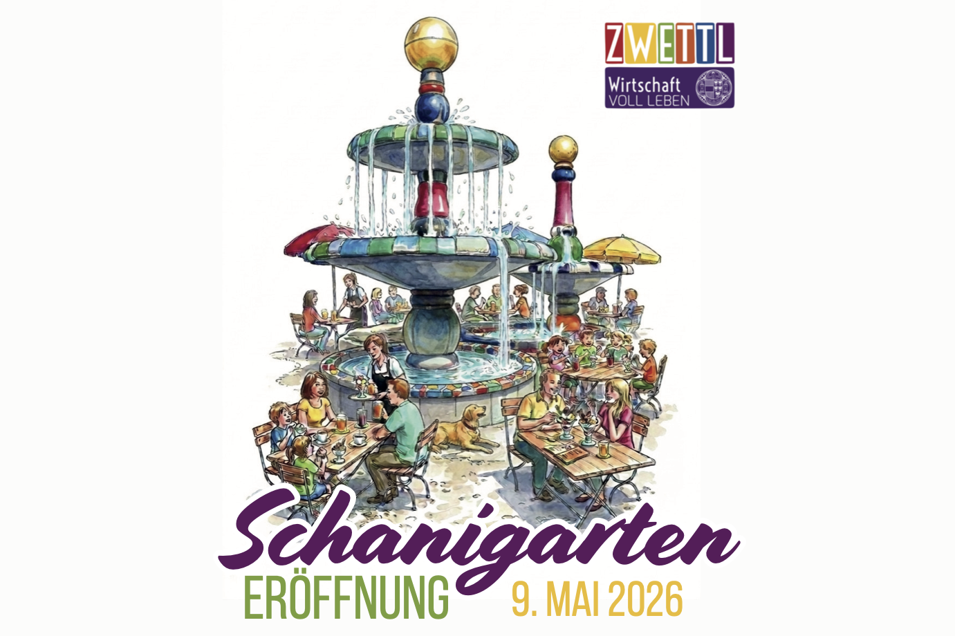 Zeichnung des Hundertwasser Brunnens mit Gastgarten-Tischen davor. Schanigarten Eröffnung 9. Mai 2026